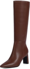 Knee High Boots for Women Faux Leather Chunky Heel - Tall Zip