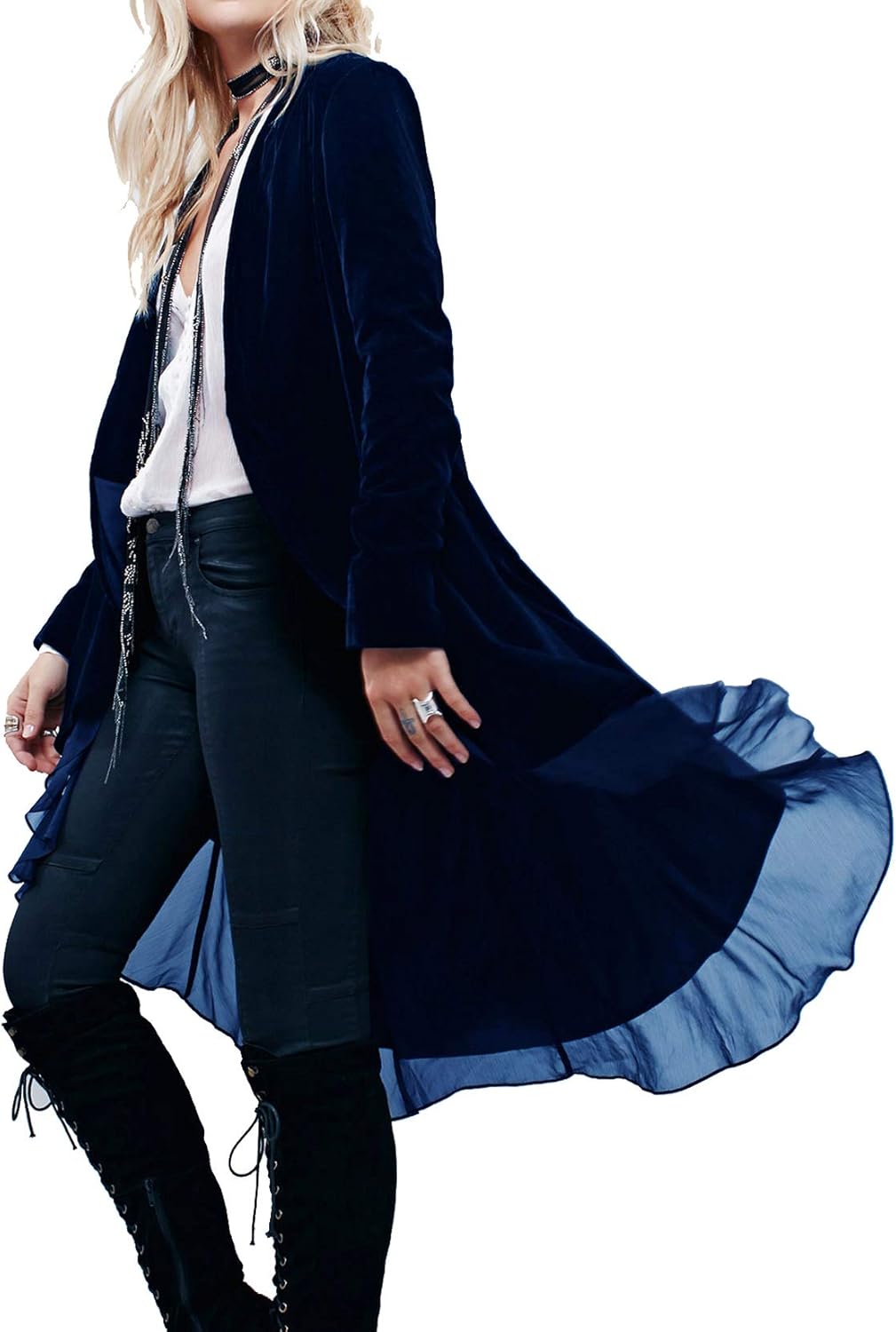 Ruffled Asymmetric Long Velvet Blazers Coat for Women