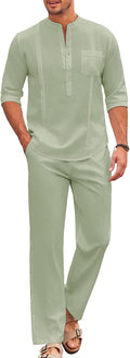 Men's 2 Piece Cotton Linen Set Cuban Henley & Loose Pants - Vacation