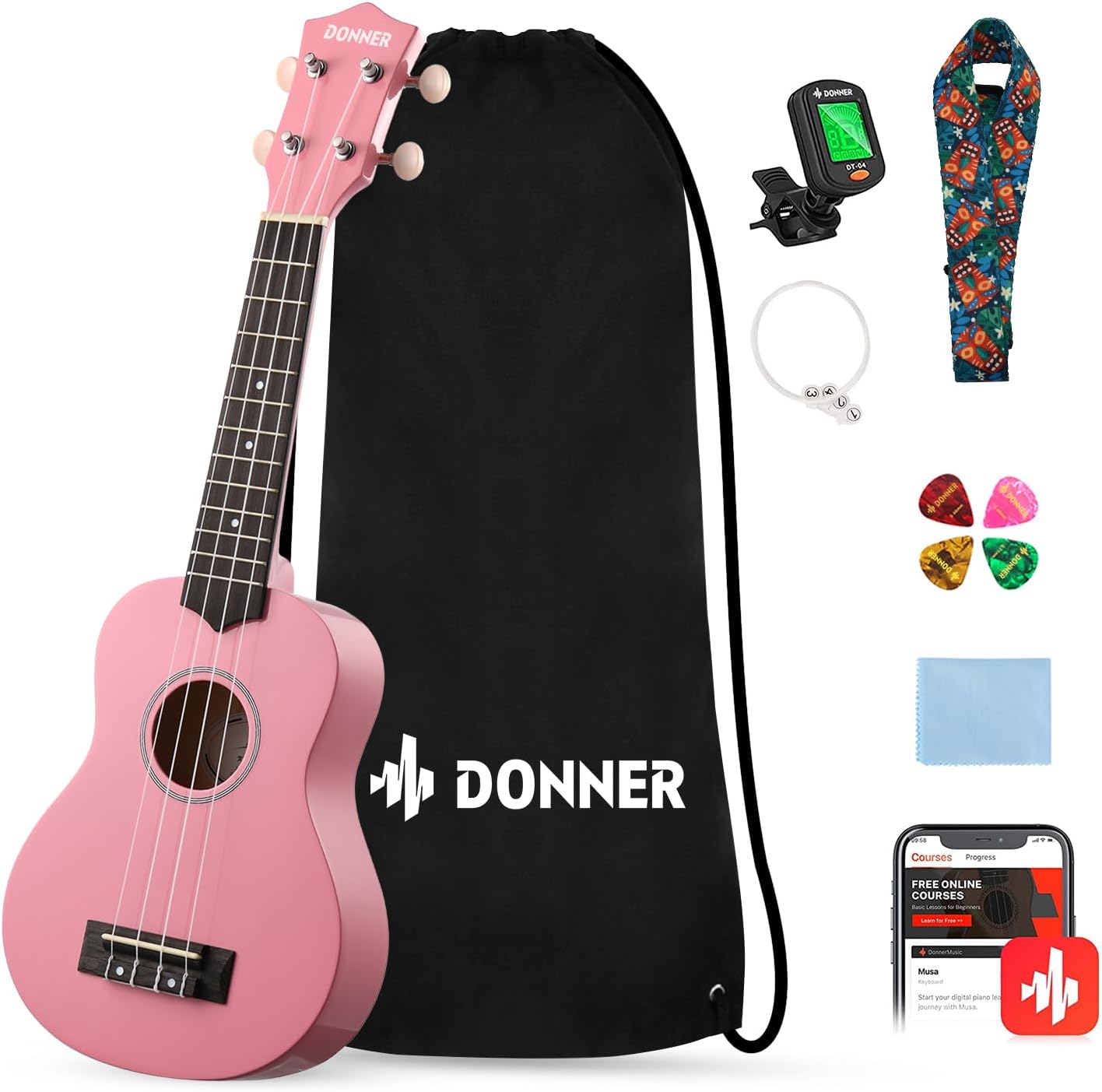 Donner Soprano Ukulele Starter Bundle Kit for Beginners 21 in