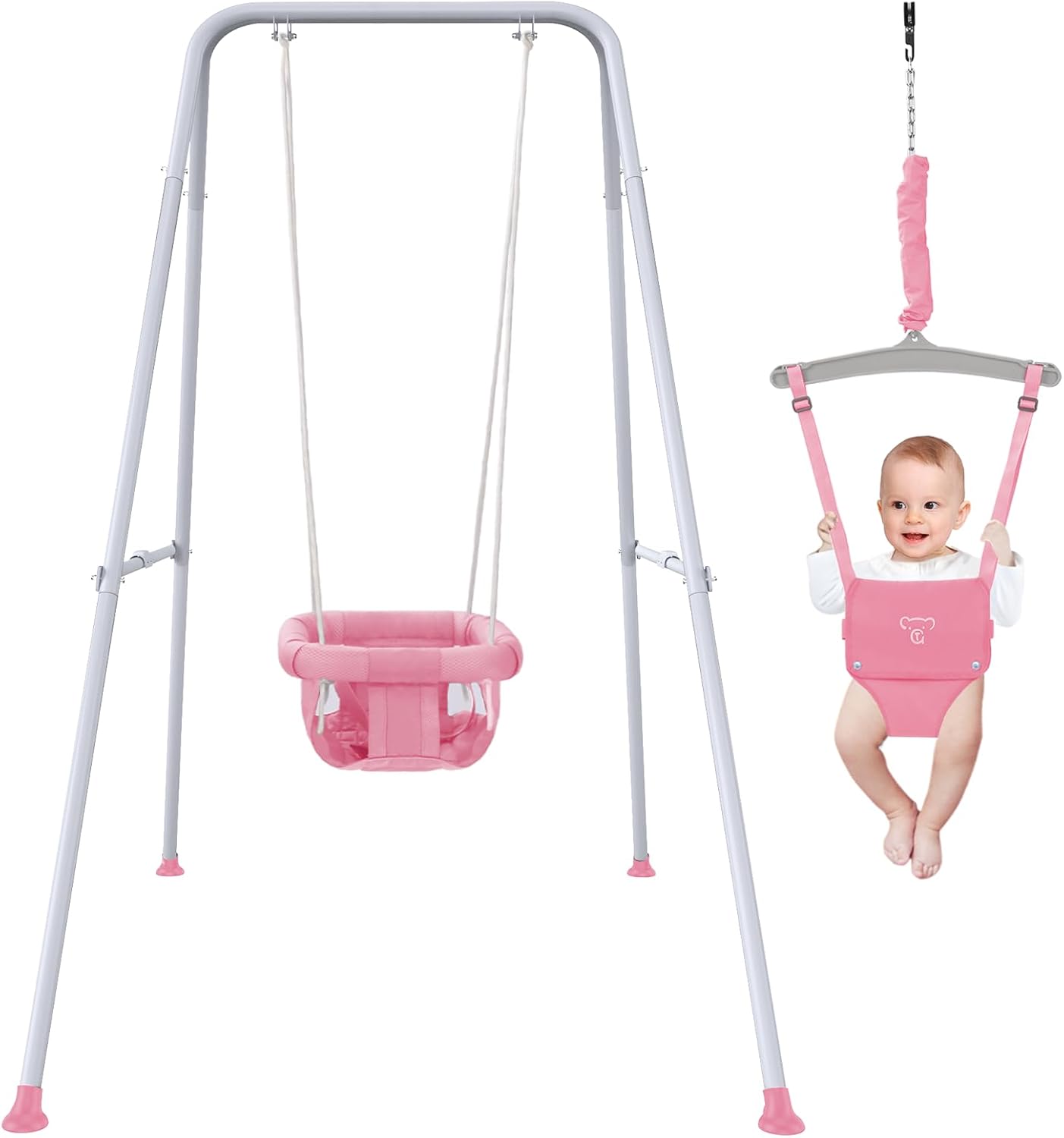 2-in-1 Baby Jumper Swing Set, Indoor & Outdoor Use, Foldable Stand, Pink