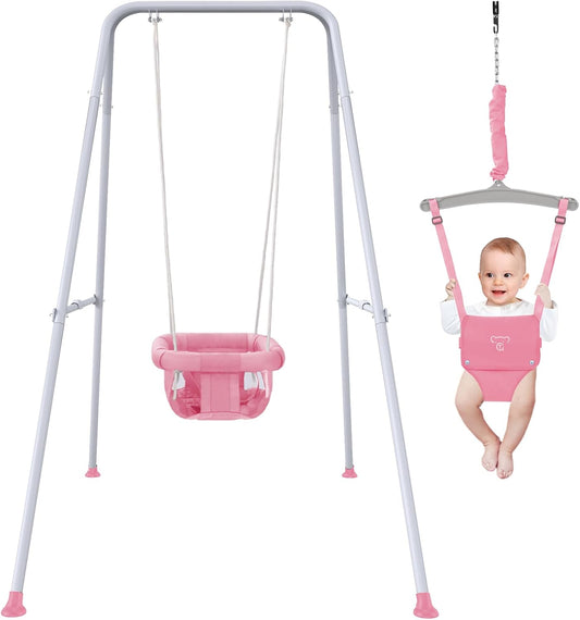 2-in-1 Baby Jumper Swing Set, Indoor & Outdoor Use, Foldable Stand, Pink