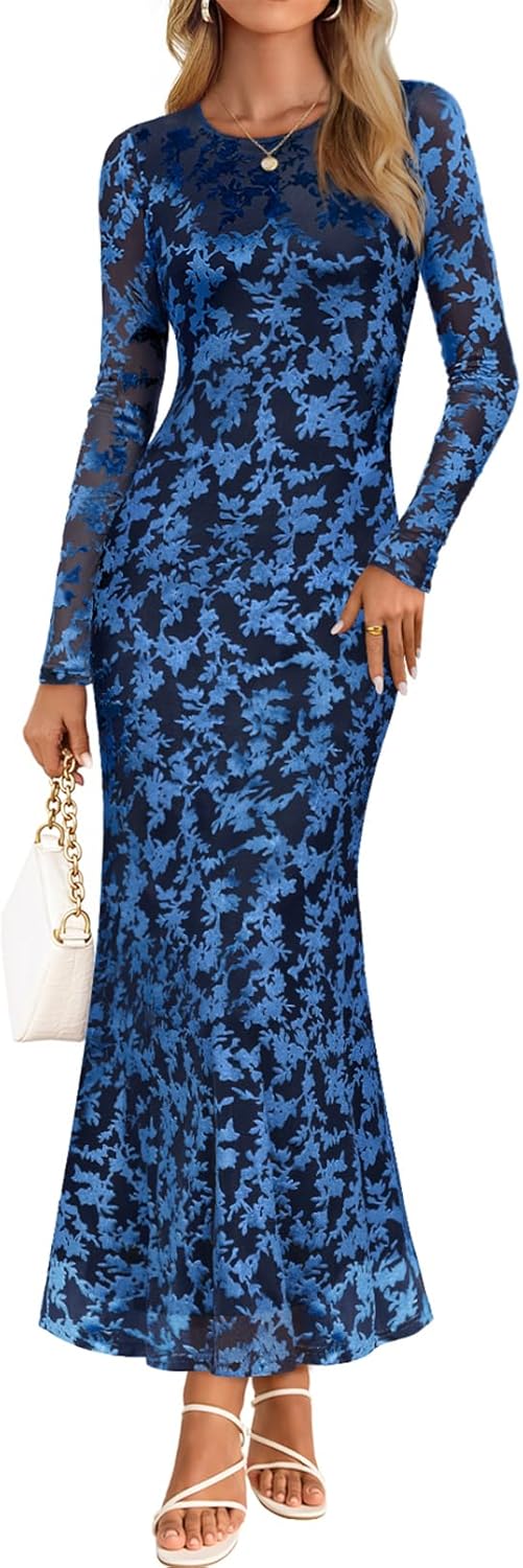 Floral Mesh Maxi Bodycon Dress for Women - Perfect for Fall 2025