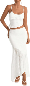 Women 2 Piece Ruffle Trim Cami Crop Top and Low Rise Maxi Skirt Set
