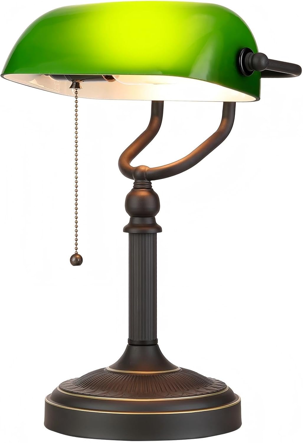 Antique Green Glass Bankers Desk Lamp with Pull Chain Switch