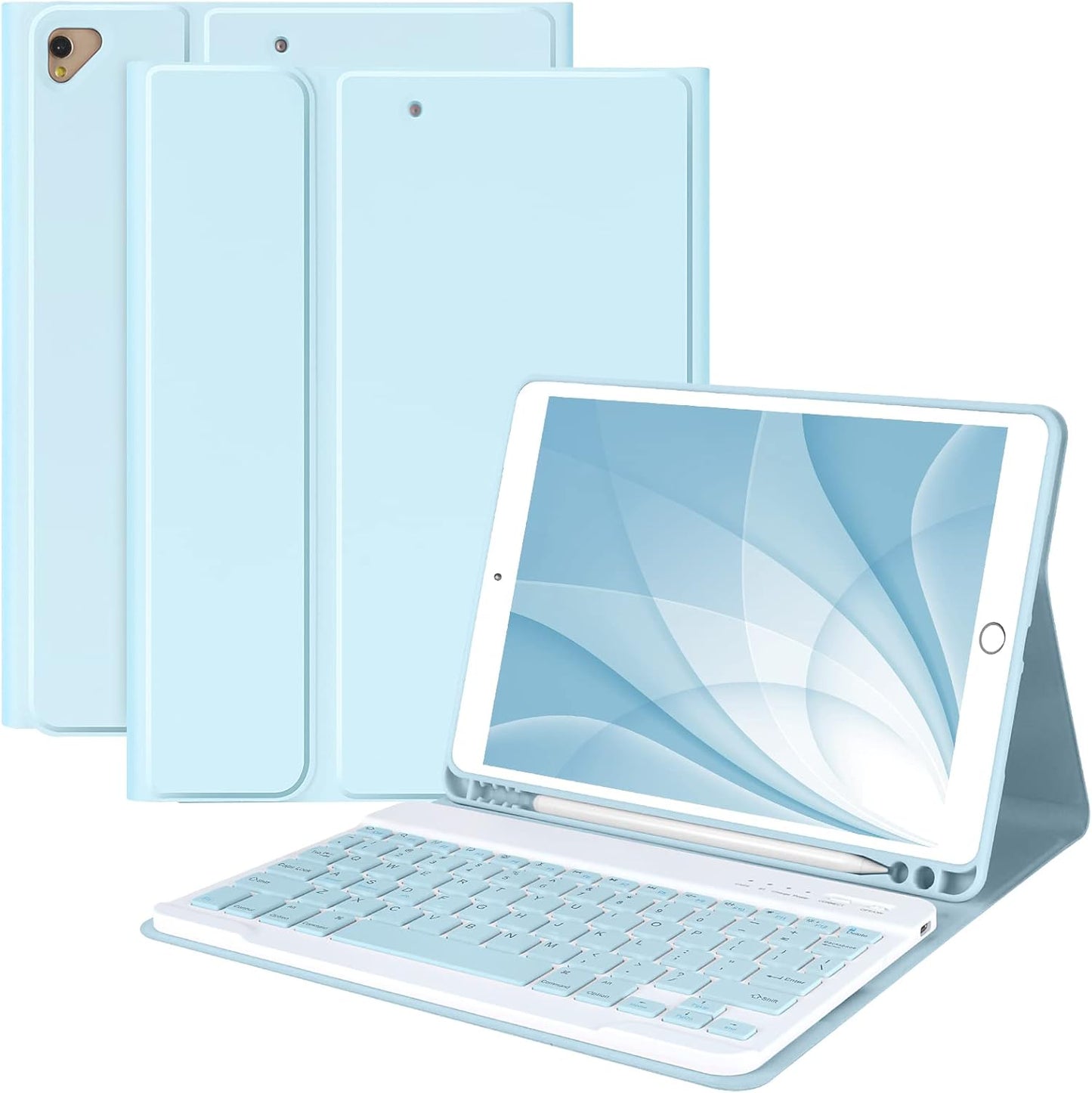 Sky Blue Keyboard Case: Detachable Bluetooth + Pencil holder, for iPad 10.2/Air 10.5/Pro 10.5, Auto Sleep/Wake