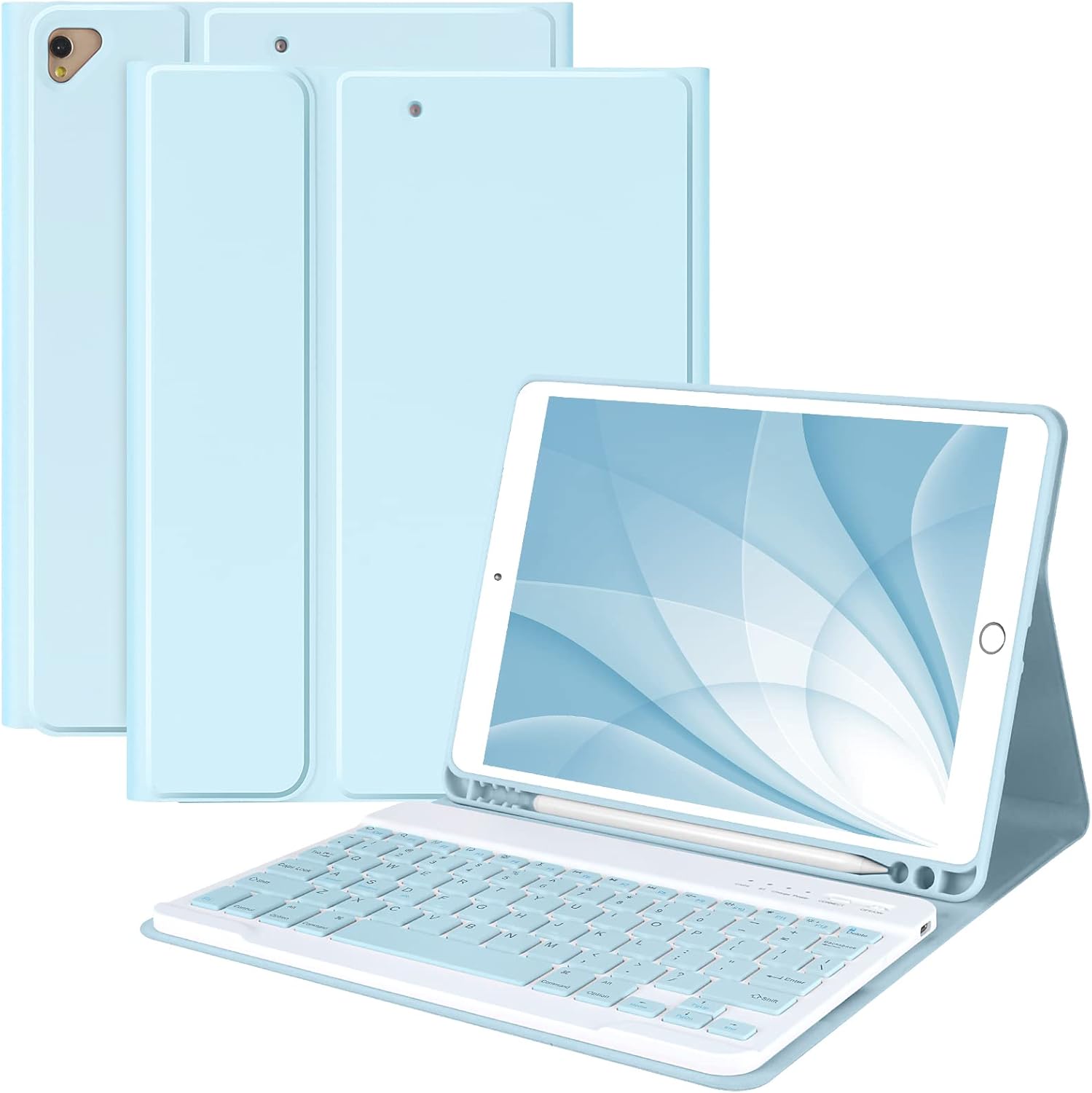 Sky Blue Keyboard Case: Detachable Bluetooth + Pencil holder, for iPad 10.2/Air 10.5/Pro 10.5, Auto Sleep/Wake