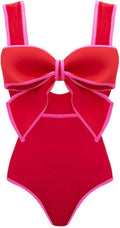 FLAXMAKER Bow Front Cut Out Color Block One Piece Swimsuit and Skirt