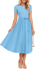 Womens Rib Knit Midi Dress with Detachable Belt - Flowy Pleated