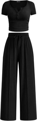 Womens Ribbed Knit 2 Piece Summer Set - Button Crop Top & Wide Leg