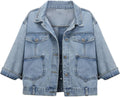 Women 3/4 Sleeve Retro Short Denim Jacket Light Blue - Casual Layering