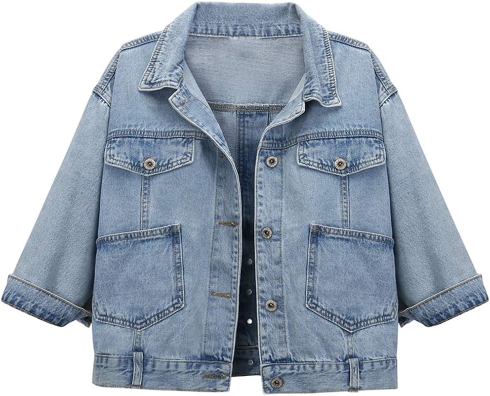 Hixiaohe Women Autumn 3/4 Sleeve Retro Short Denim Jackets