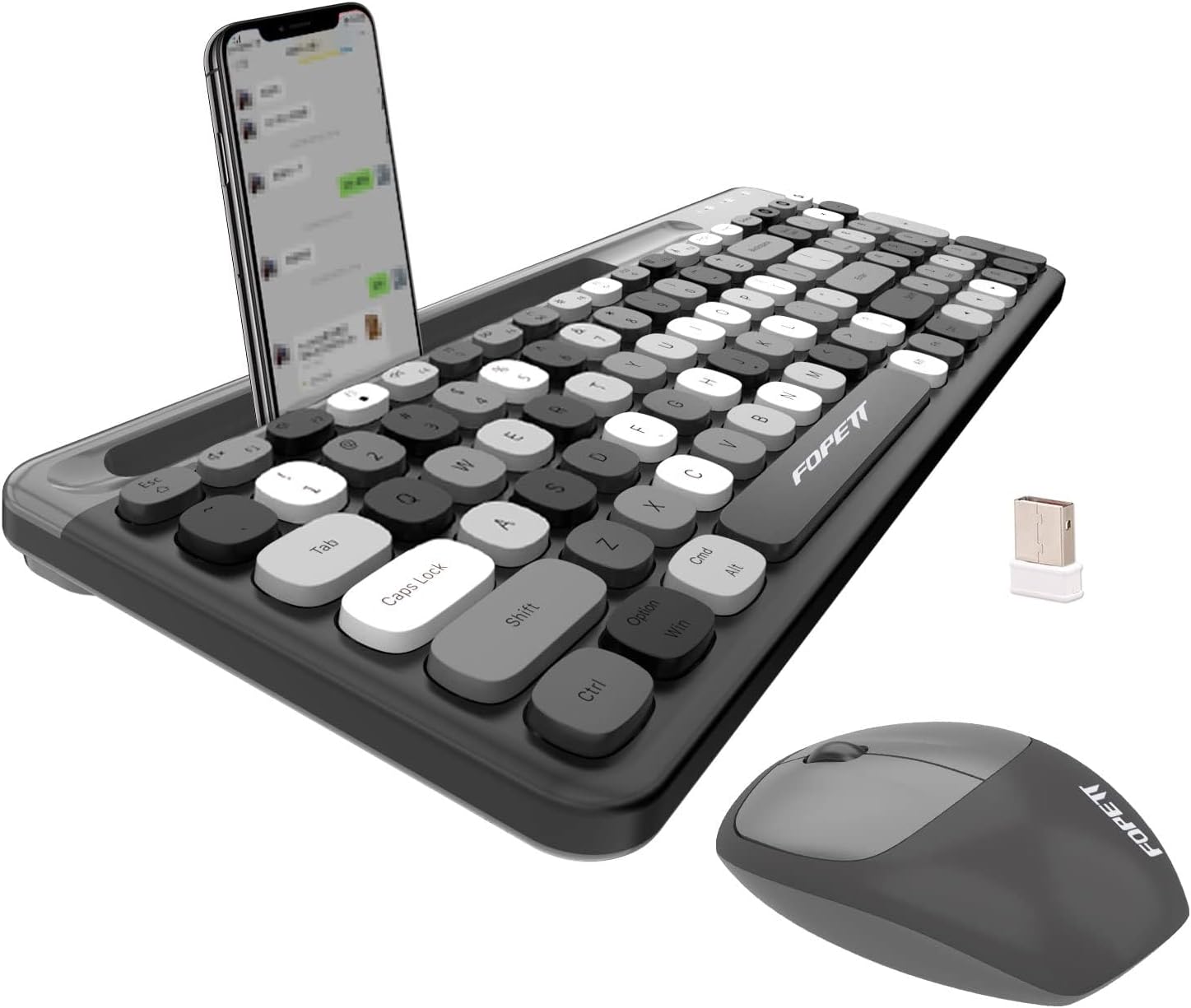 Wireless Keyboard & Mouse Set + Phone Holder - Full-Size Compact Design