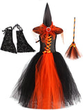 Girls Witch Dress Costume with Bat Sleeves Hat and Broom - Toddler