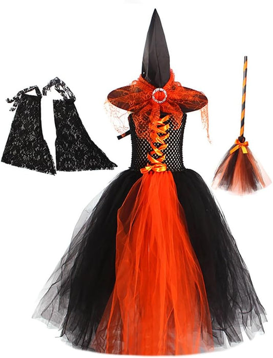 IBAKOM Girls' Witch Dress with Bat Sleeves and Broomstick