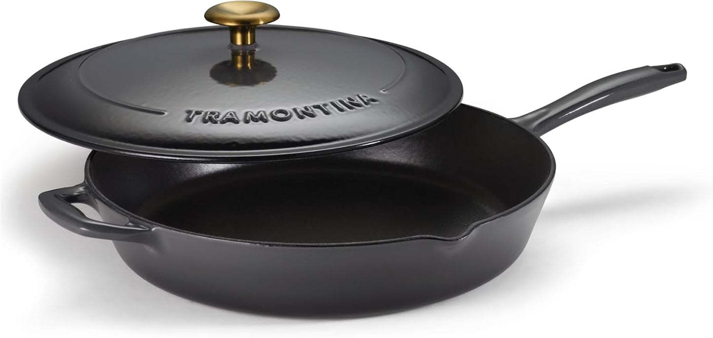 Durable Enameled Cast Iron Skillet with Lid, 12-in Frying Pan