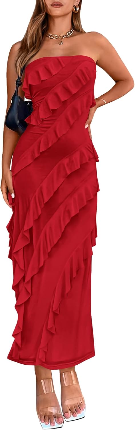 Elegant Strapless Midi Ruched Bodycon Dress for Women