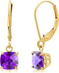 Solid 10K Gold Cushion Cut Dangle Gemstone Earrings - Classic Amethyst