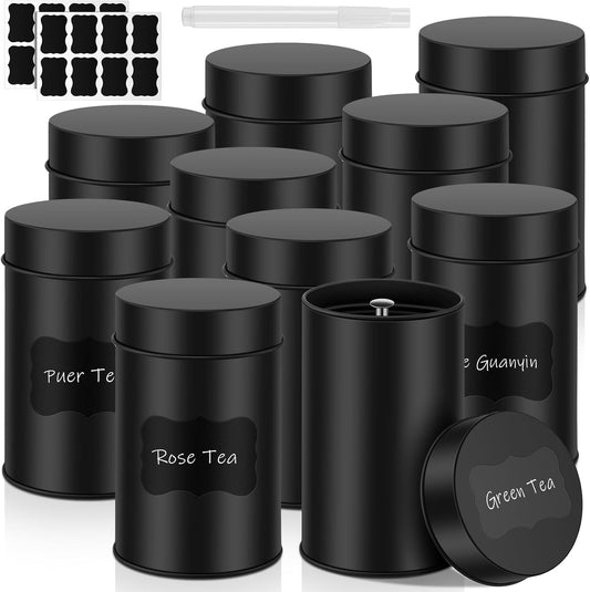 10 Pcs Airtight Tea Tin Canisters with Chalk Marker and Stickers