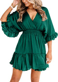 V Neck Casual Womens Summer Mini Dress - Ruffle Pleated Fit