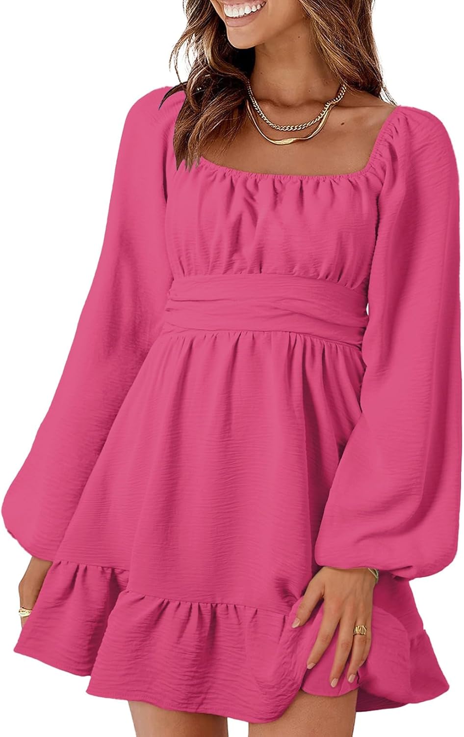 Dokotoo Womens Dress Long Lantern Sleeve Square Neck Mini Dress
