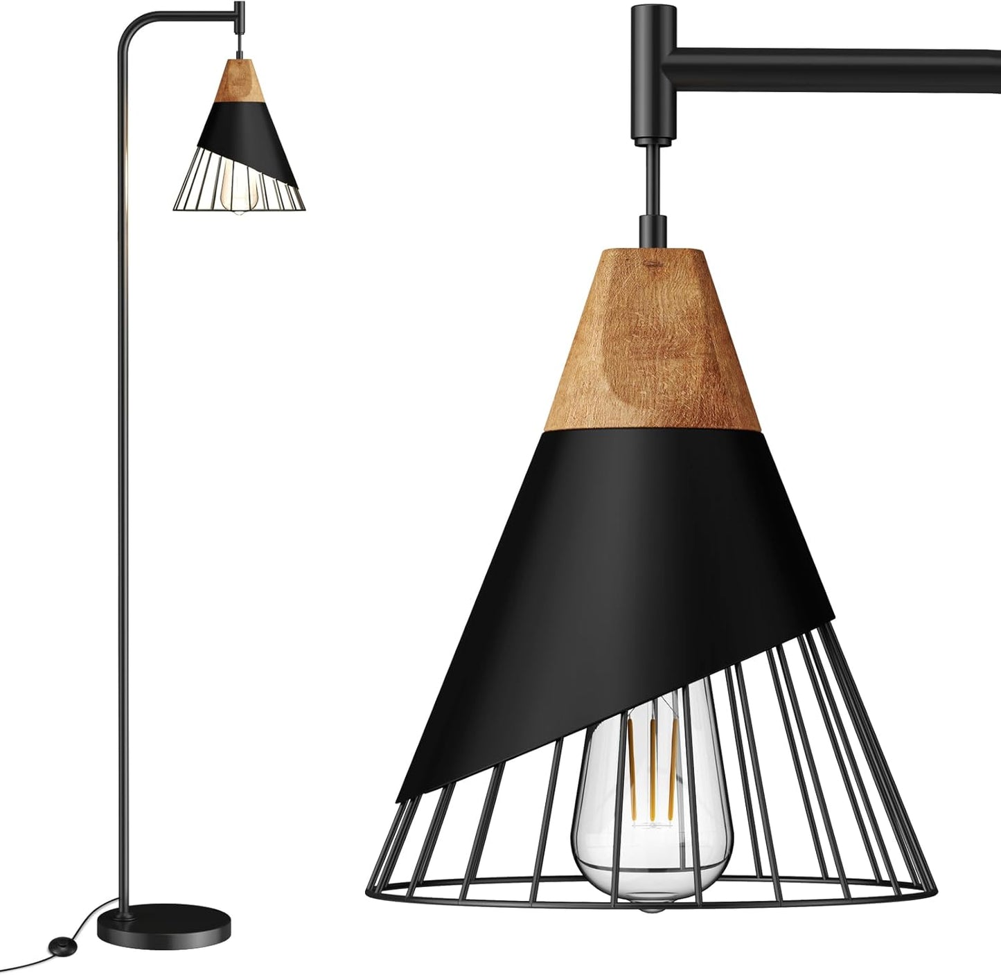 67 Inch Industrial Floor Lamp with Wood & Black Metal Shade