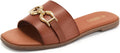 Women's Flat Leather Slide Sandals - Square Open Toe Comfort