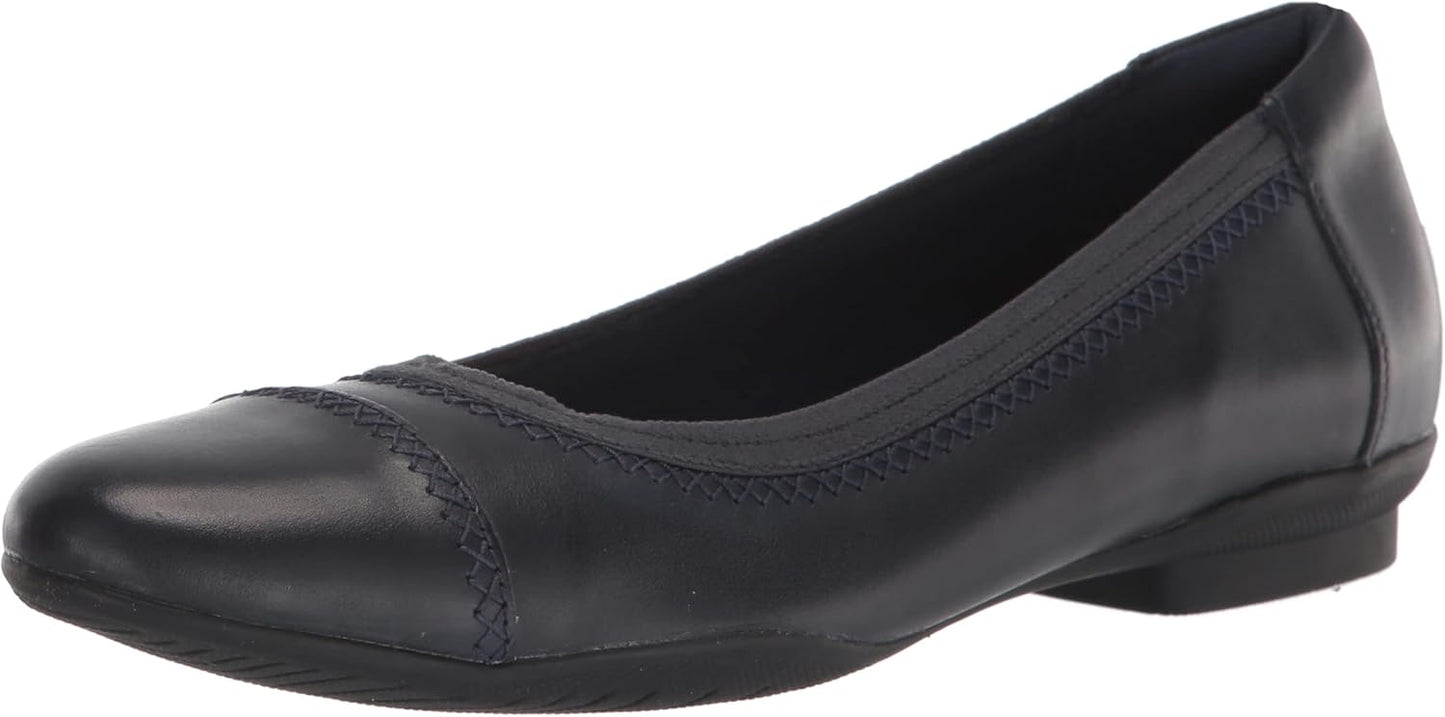 Clarks Women's Sara Ballet Flat in Navy Leather for Comfort