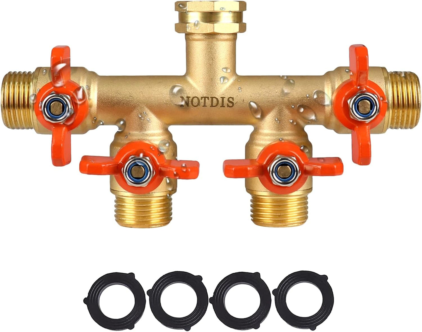 4 Way Brass Hose Splitter Full Flow with Metal Handle for Gardens
