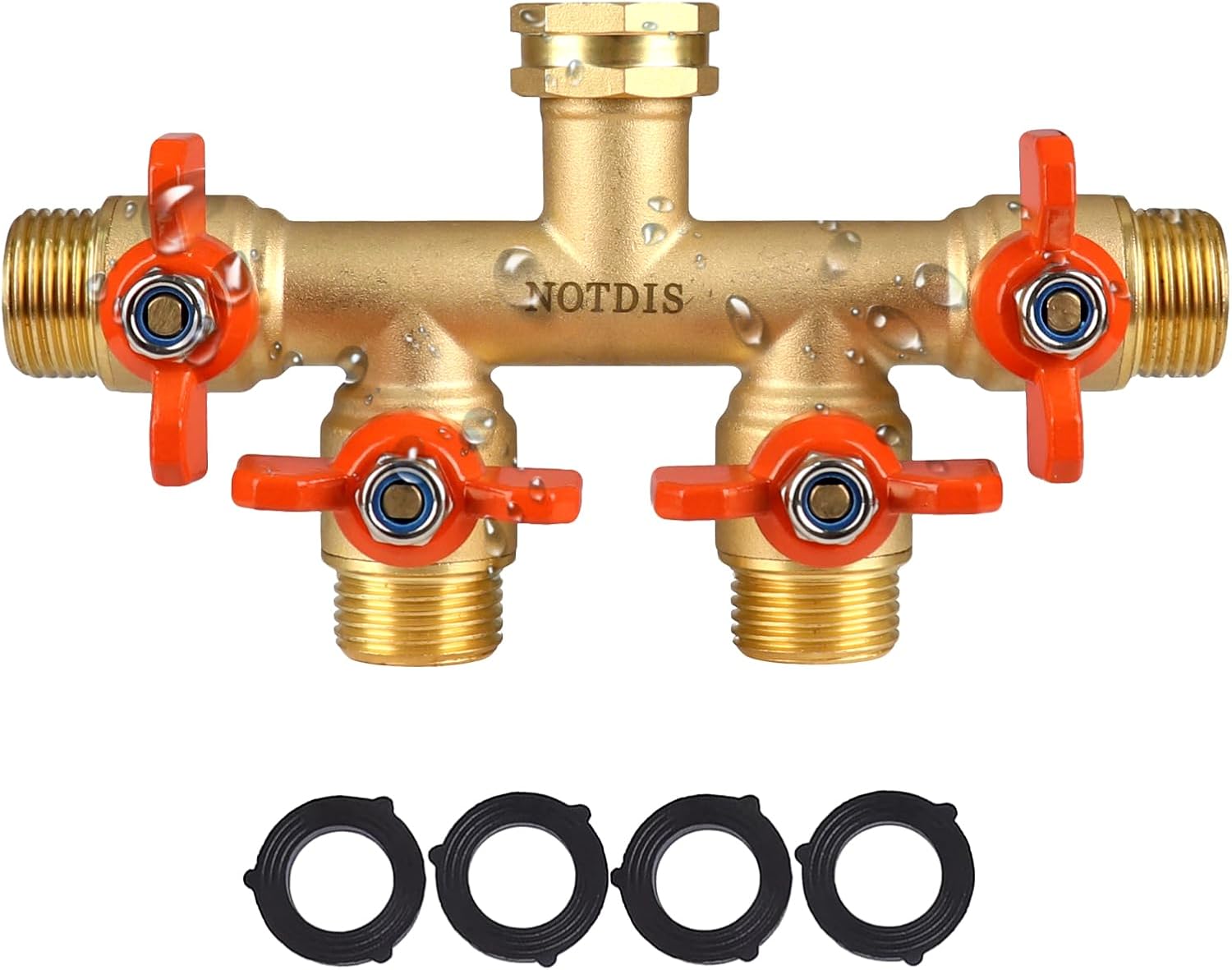4 Way Brass Hose Splitter Full Flow with Metal Handle for Gardens