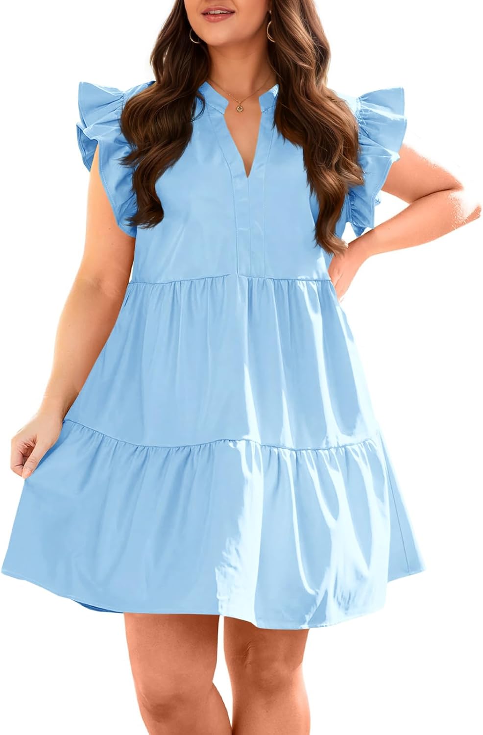 Plus Size Summer Ruffle Short Sleeve V Neck Mini Dress