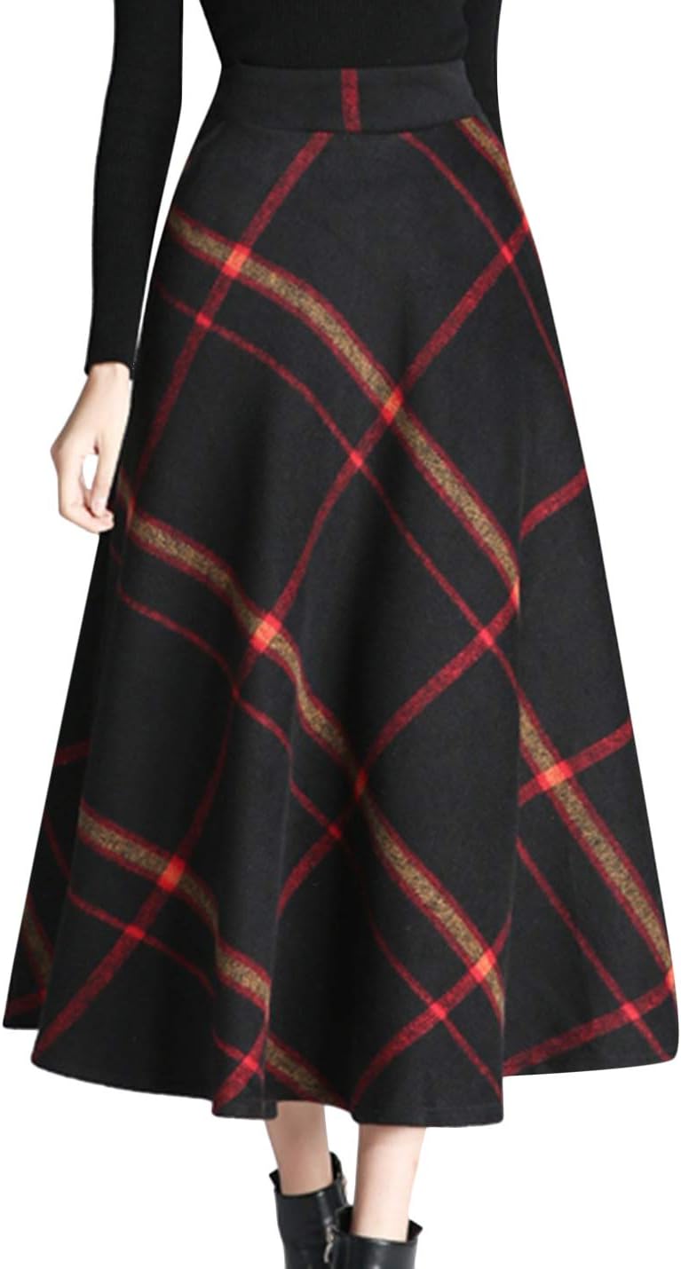 Tanming Women's Winter Warm Wool Plaid A-Line Long Skirt Review