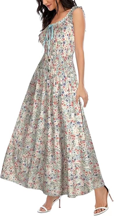 Womens Sleeveless Summer Flowy Printed Boho Maxi Long Dress