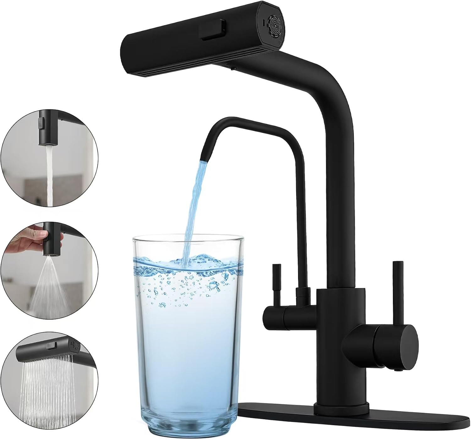 Black Kitchen Faucets with Water Filter and Pull Down Sprayer
