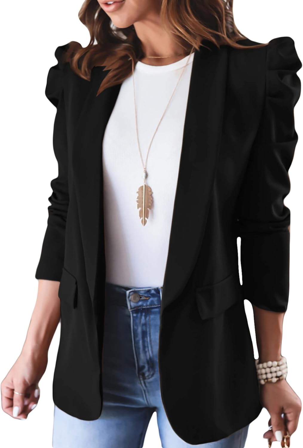 KIRUNDO Women's Puff Sleeve Blazer for Casual and Work Wear