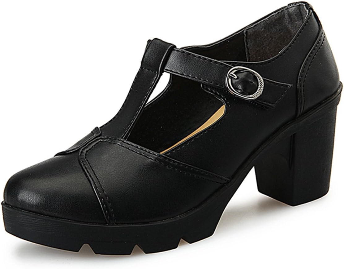 DADAWEN Women's Classic T-Strap Platform Mid-Heel Oxfords