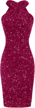 Sequin Halter Bodycon Dress for Women - Sparkly Club Mini Out