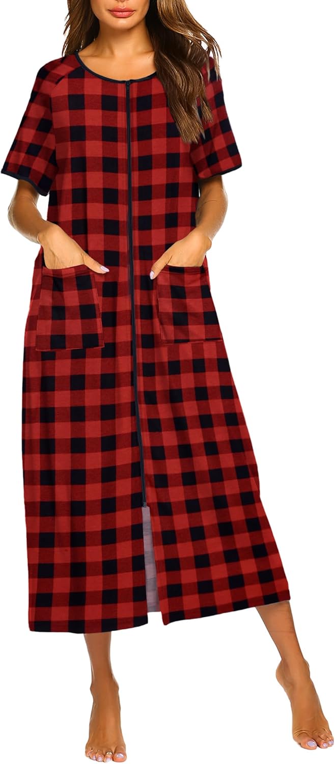 Ekouaer Women Robes Zipper Front Short Sleeve Full Length Housecoat