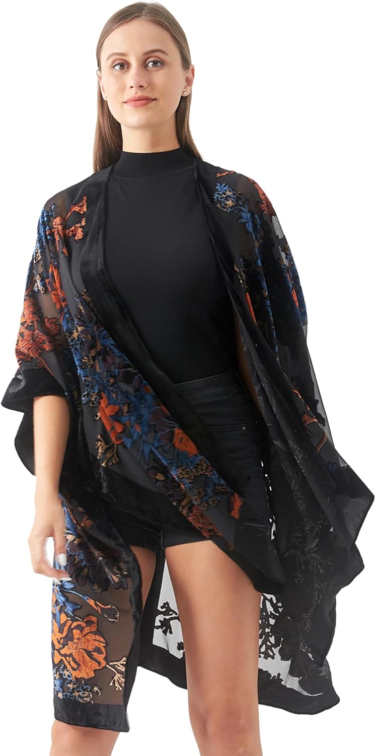 MJ SERECA Women's Burnout Velvet Kimono Long Cardigan Cover Up