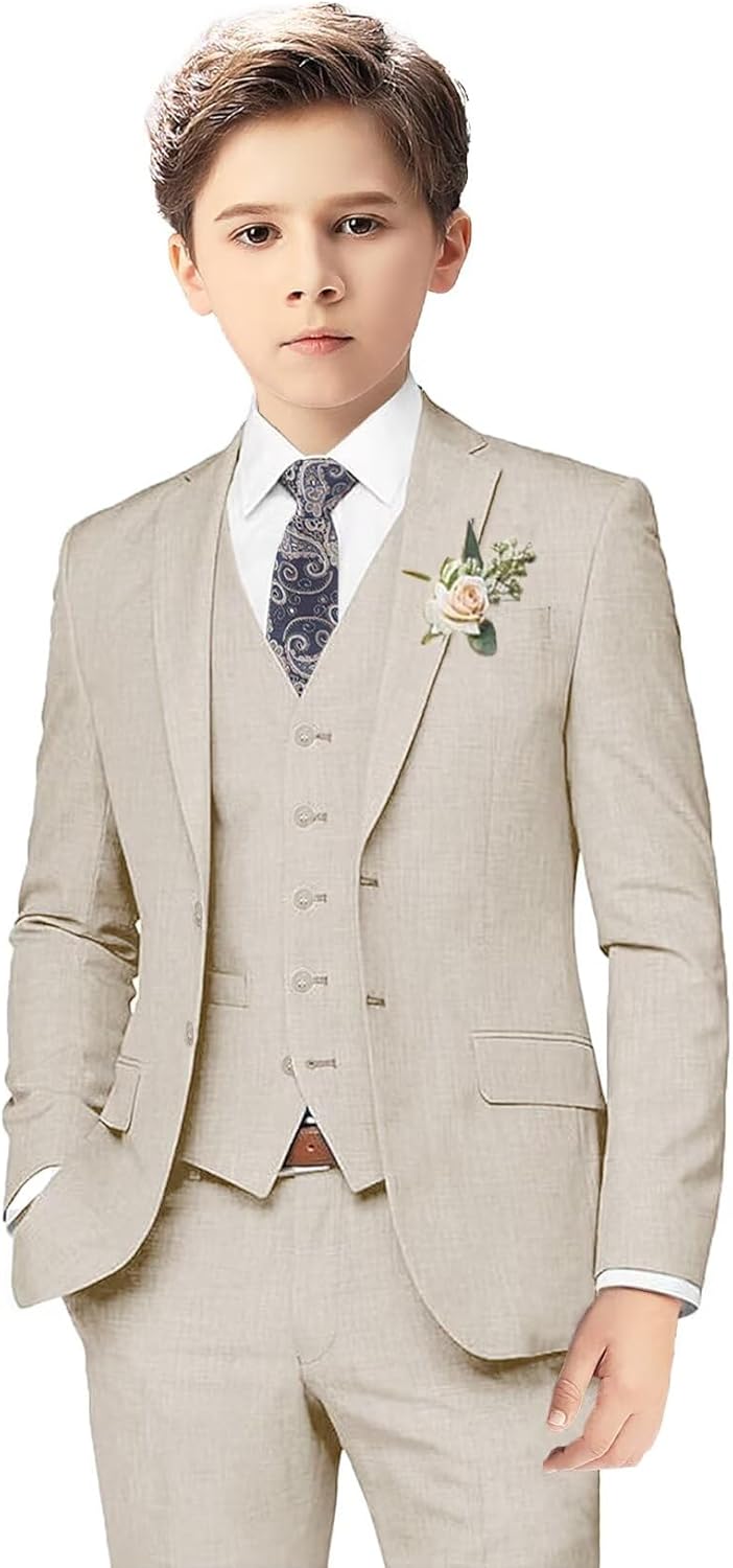 Boys Linen Suits for Kids Summer Slim Fit 3 Piece Outfit