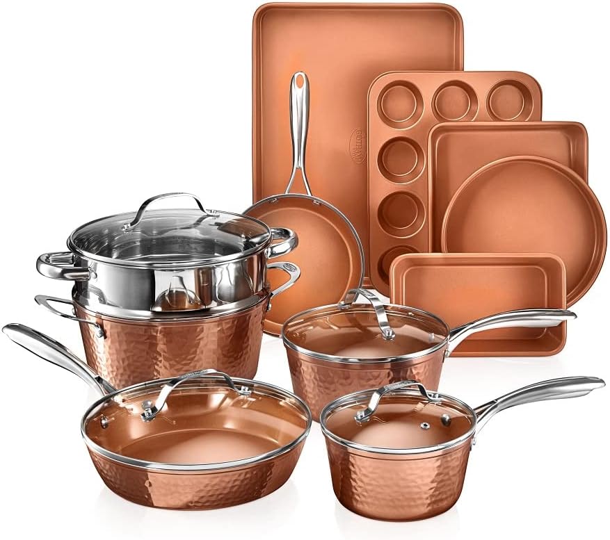 Gotham Steel Hammered 15 Pc Nonstick Cookware Set for Home