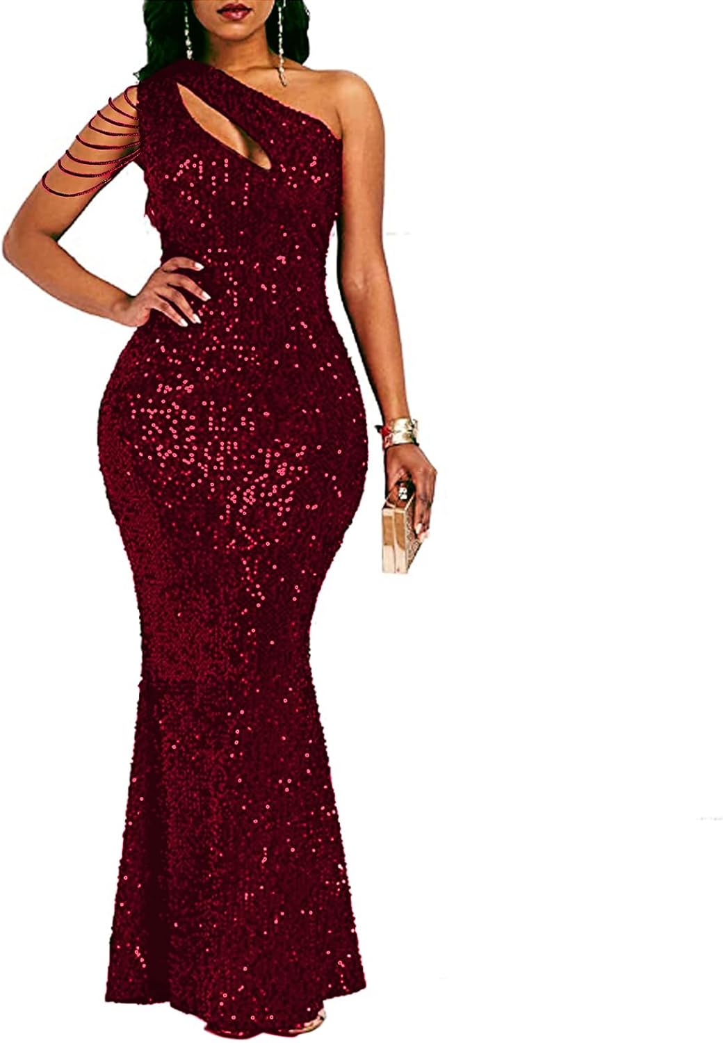 Cololura Women Sequin Elegant One Shoulder Mermaid Dress