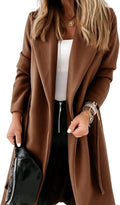 Womens Classic Long Coat with Lapel Collar and Belt