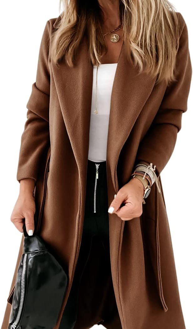 Womens Classic Coat with Lapel Collar and Open Front Design