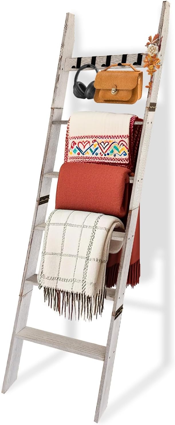 Wooden Blanket Ladder with Removable Hooks for Home Decor
