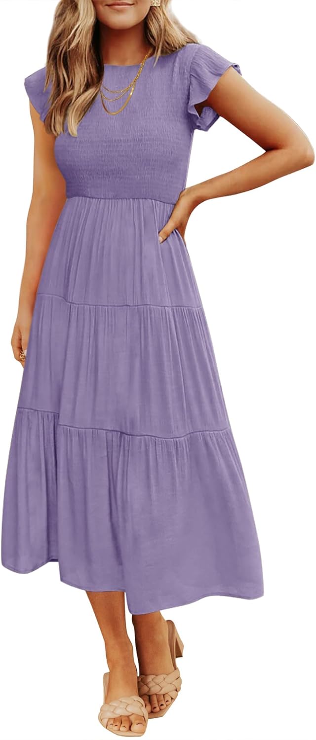 ZESICA Women's Casual Flutter Sleeve Midi Dress for Summer Fun