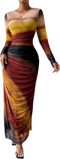 Women Long Sleeve Tie Dye Maxi Bodycon Dress - Ruched Mesh Fit