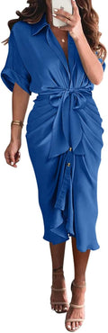 BTFBM Satin Ruched Shirt Dress for Women - Flattering Maxi Style