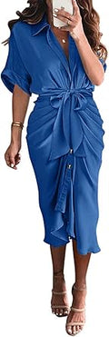 Elegant Button Down Ruched Shirt Dress for Women in Satin