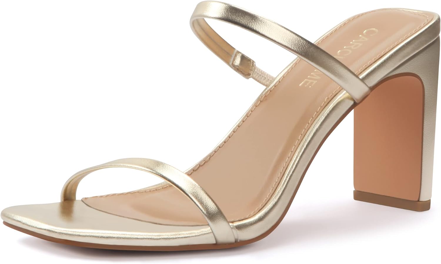 Carcuume Women's Square Toe Two Strap Open Toe Block Heels